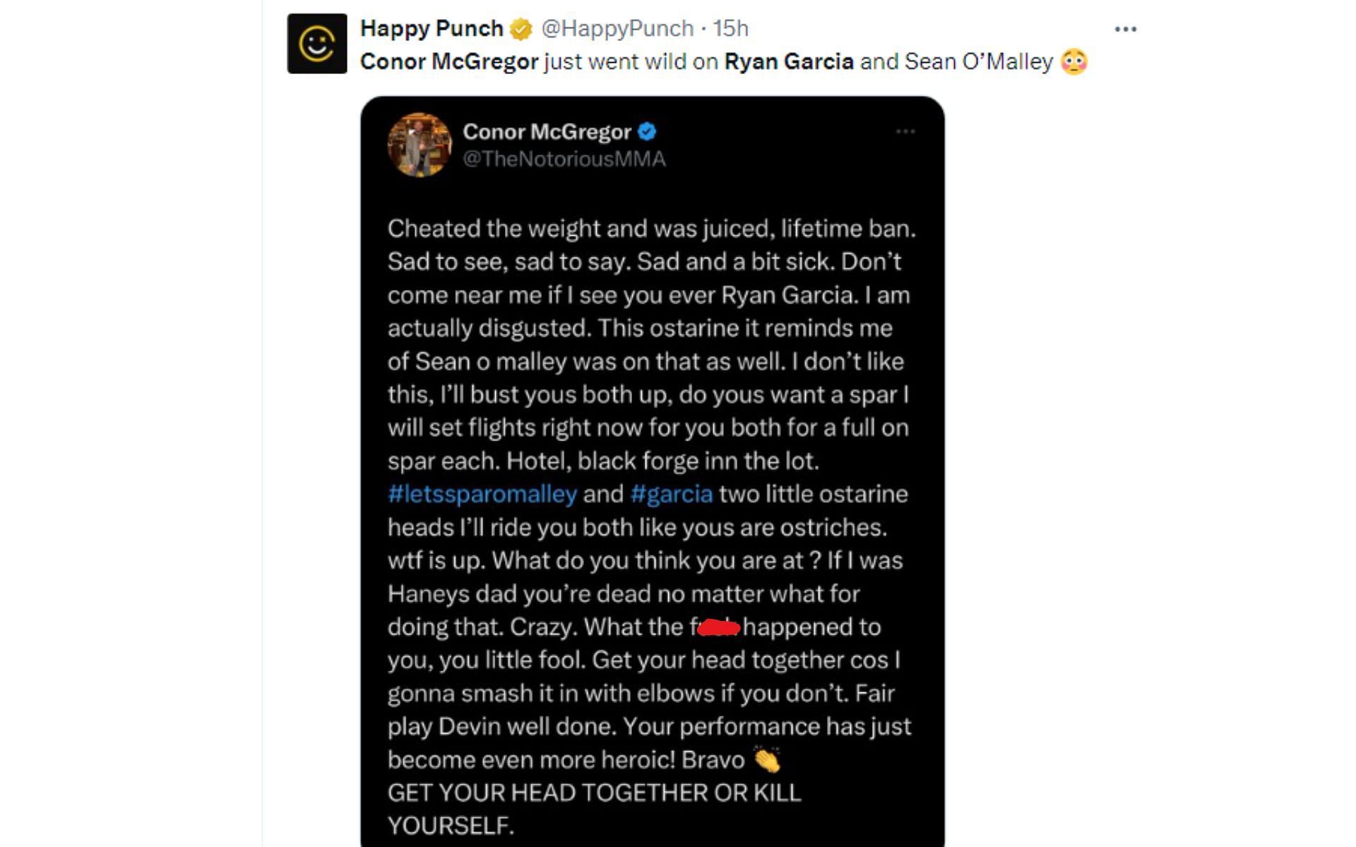 Conor McGregor&#039;s deleted tweet regarding Garcia [Image courtesy: @HappyPunch - X]