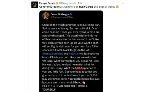 Conor McGregor's deleted tweet regarding Garcia [Image courtesy: @HappyPunch - X]