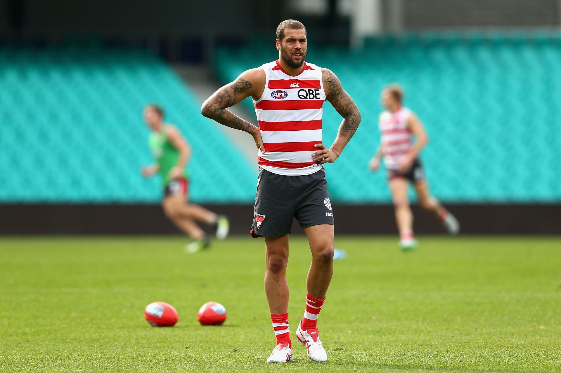 Lance Franklin of the Swans looks on during a Sydney Swans AFL training session