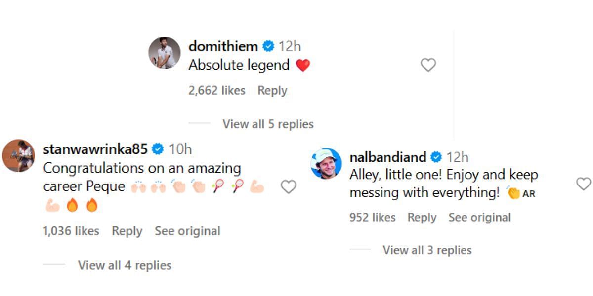 Dominic Thiem, Stan Wawrinka, and David Nalbandian&#039;s comment on Diego Schwartzman&#039;s Instagram post.