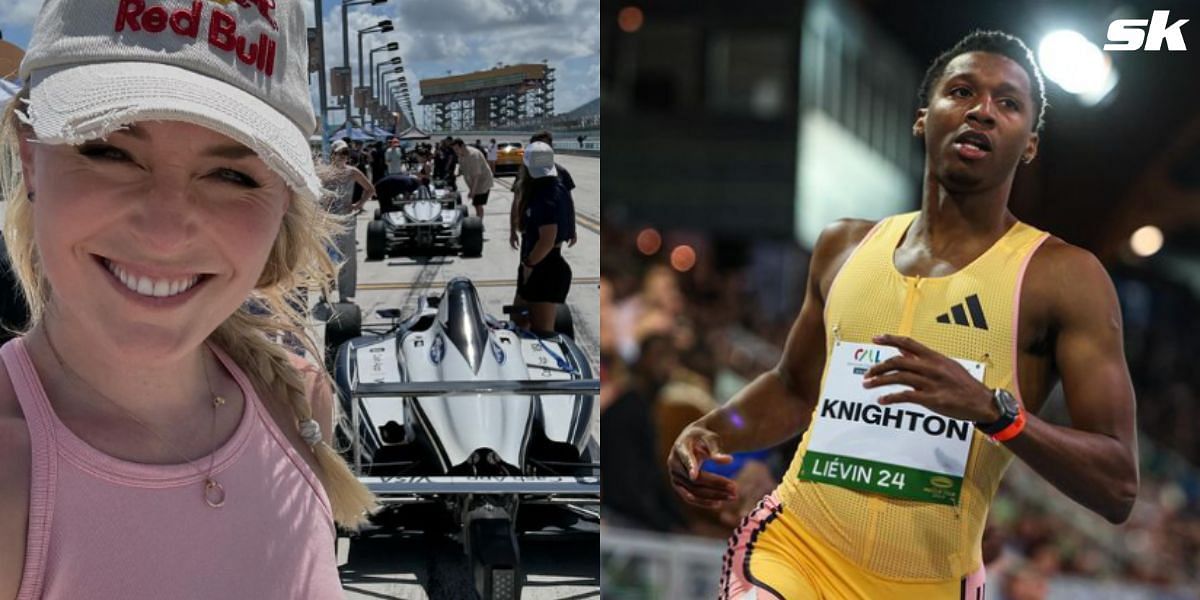 Lindsey Vonn and Erriyon Knighton engage in a race at Redbull F1 Racing.