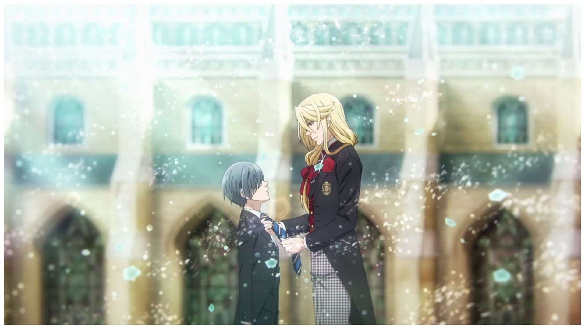 Prefect Edgar Redmond fixing Ciel&#039;s tie as seen in episode 1 (Image via CloverWorks)