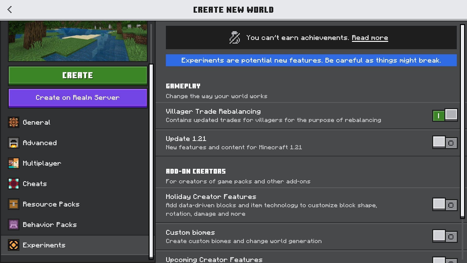 The villager trade rebalance system is still behind the experimental tab in both editions. (Image via Mojang Studios)