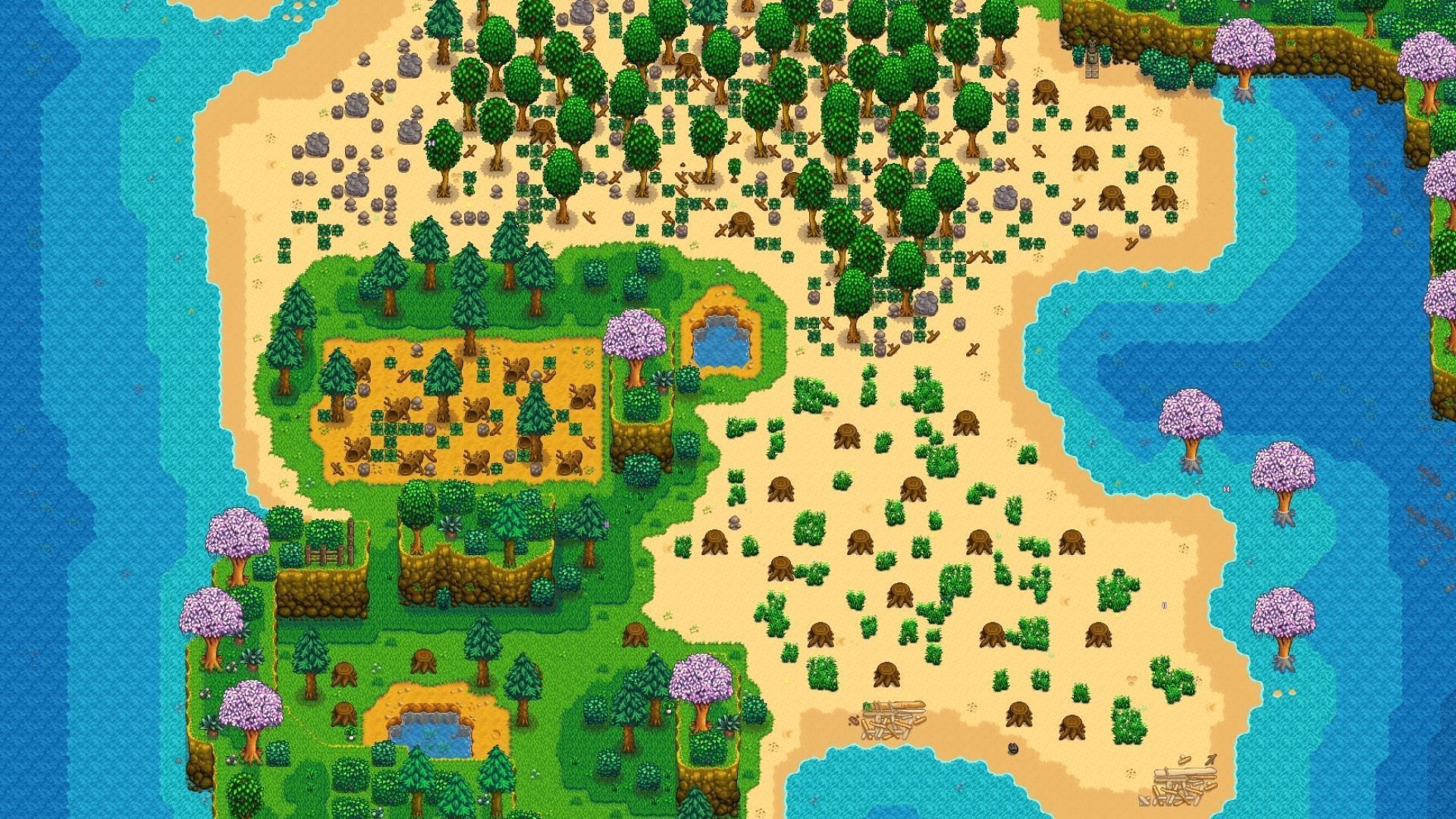 The Beach layout is good for foraging and fishing and offers a lot of open space. (Image via ConcernedApe)