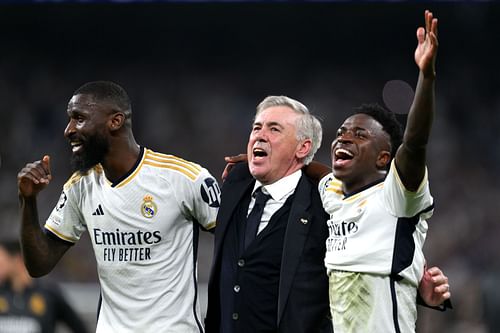 Real Madrid rejoice after beating Bayern Munich.