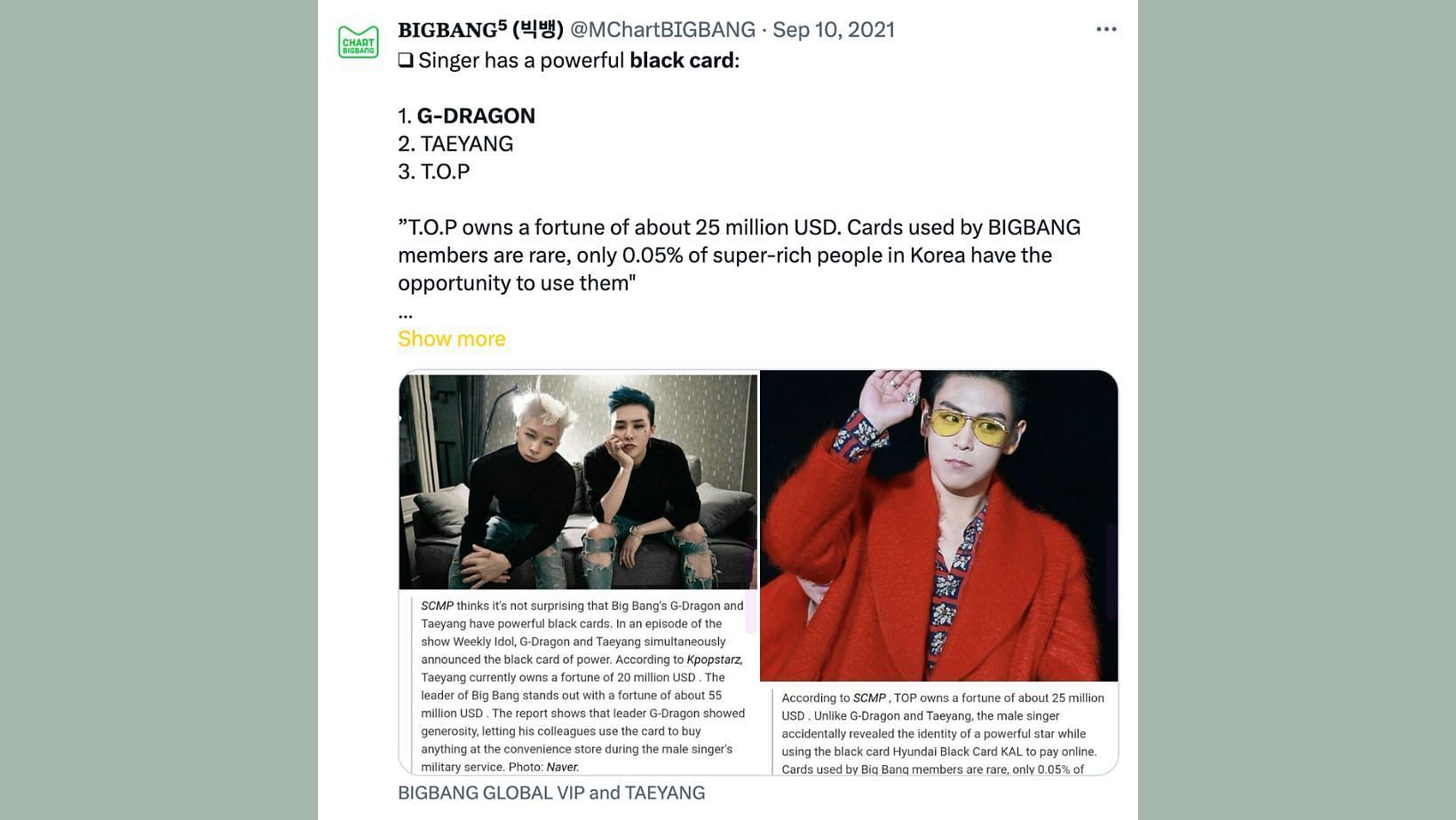 G-Dragon also confirmed owning the elite card in a show. (Image via X/@MChartBIGBANG)