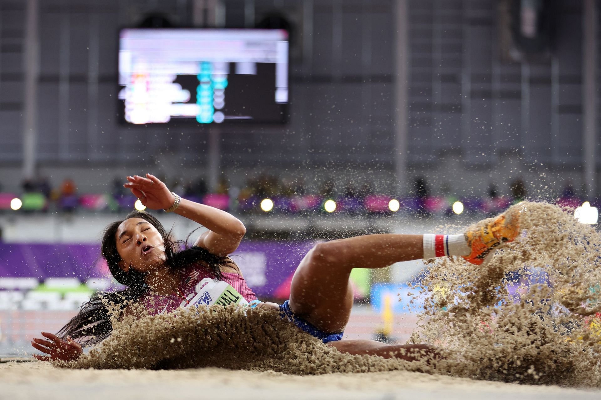 Tara Davis-Woodhall of Team United States competes in the Woman&#039;s Long Jump Final at the World Athletics Indoor Championships 2024 at Emirates Arena in Glasgow, Scotland.