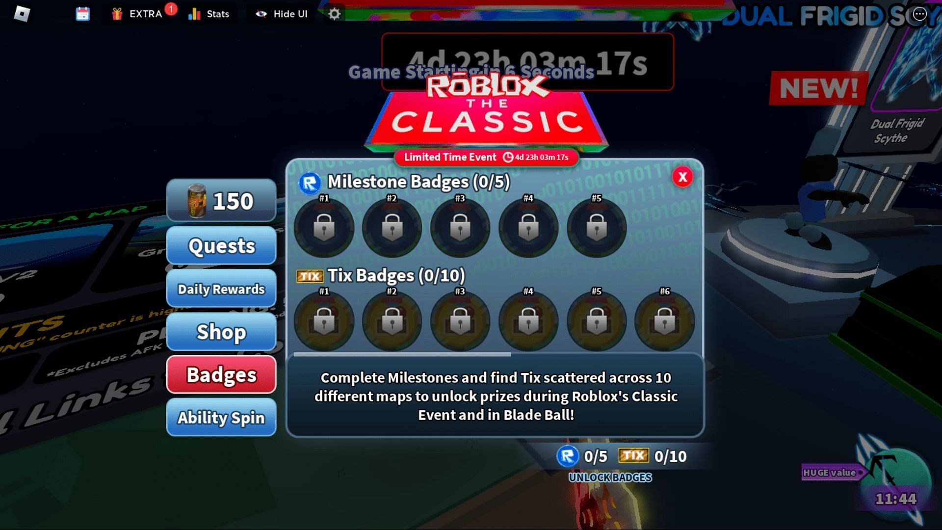 The Tix and Milestone badges in Blade Ball The Classic event (Image via Roblox) 