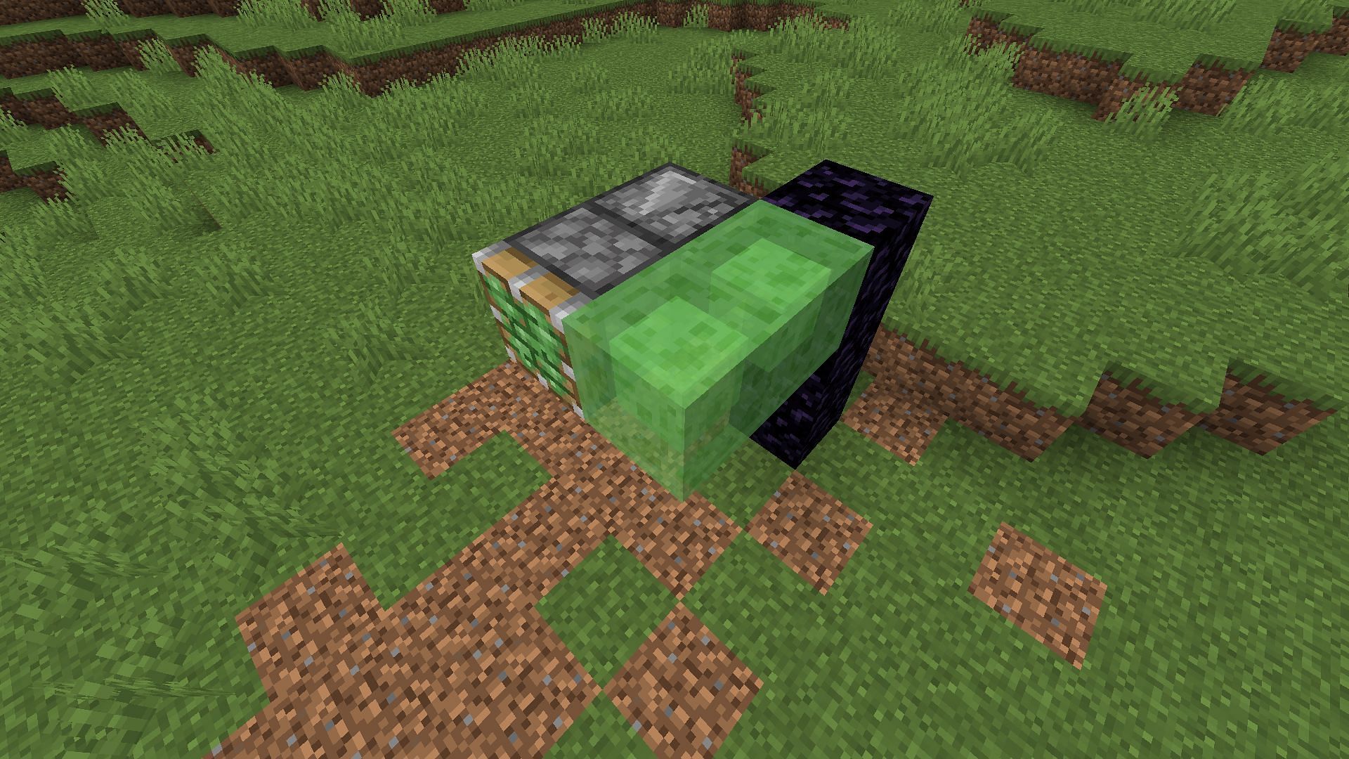 These slime blocks mark the halfway portion of the flying machine build (Image via Mojang)