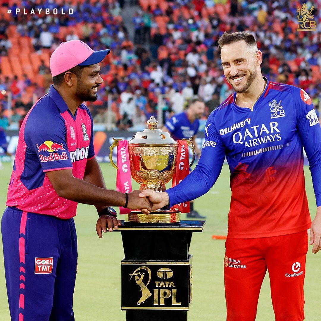 Faf du Plessis shaking hands with his counterpart Sanju Samson ahead of the Eliminator. [RCB]