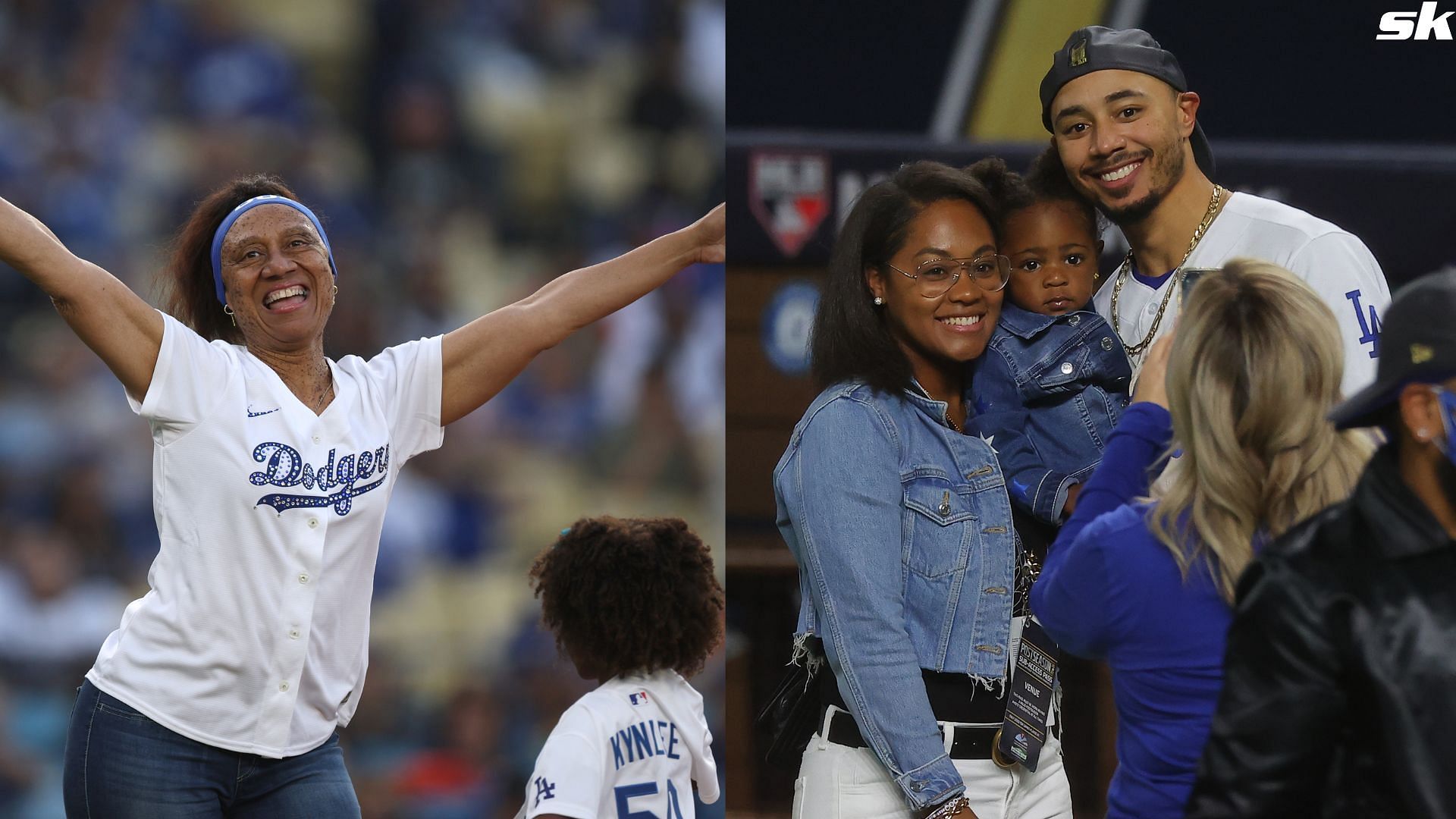 Mother of Mookie Betts of the Los Angeles Dodgers Diana Benedict reacts on the mound before throwing out a ceremonial first pitch before the game against the Arizona Diamondbacks at Dodger Stadium