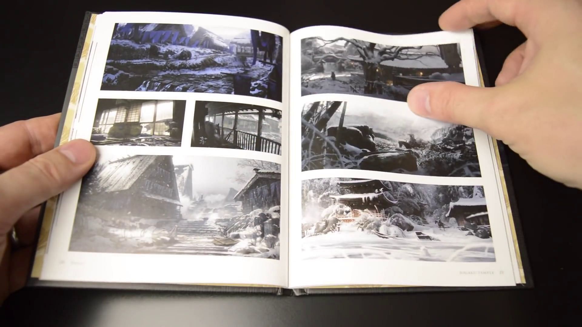 A glimpse into the book titled The Art of Ghost of Tsushima (Image via YouTube/finngamer)