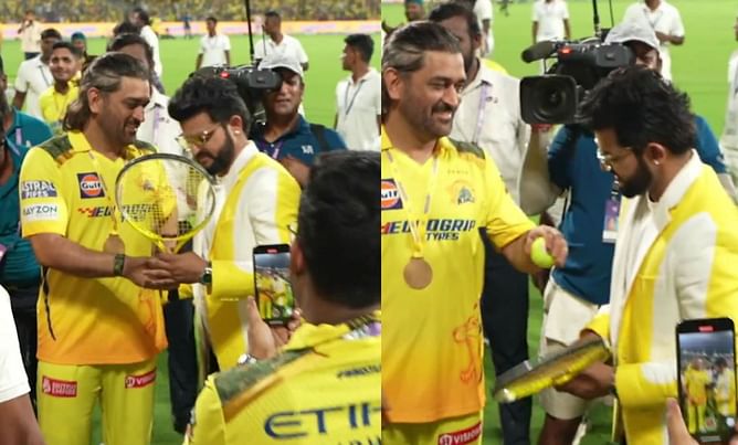 [Watch] MS Dhoni asks Suresh Raina to shoot the ball towards the Chepauk crowd during lap of honor after CSK's win in IPL 2024 clash vs RR