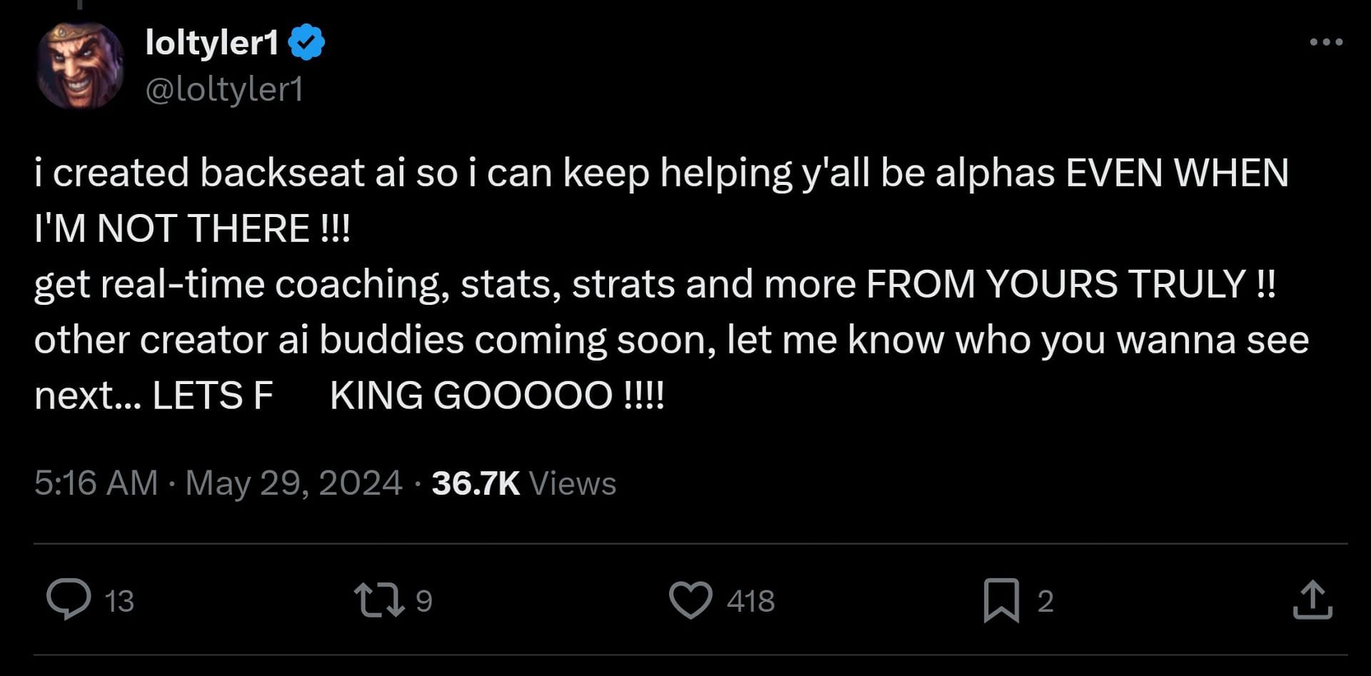 Tyler1&#039;s announcement tweet about his AI tool developed for helping League of Legends players (Image via X)