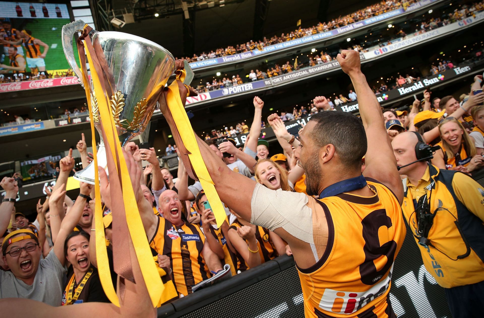 Josh Gibson of the Hawks celebrates after the 2015 Toyota AFL Grand Final match