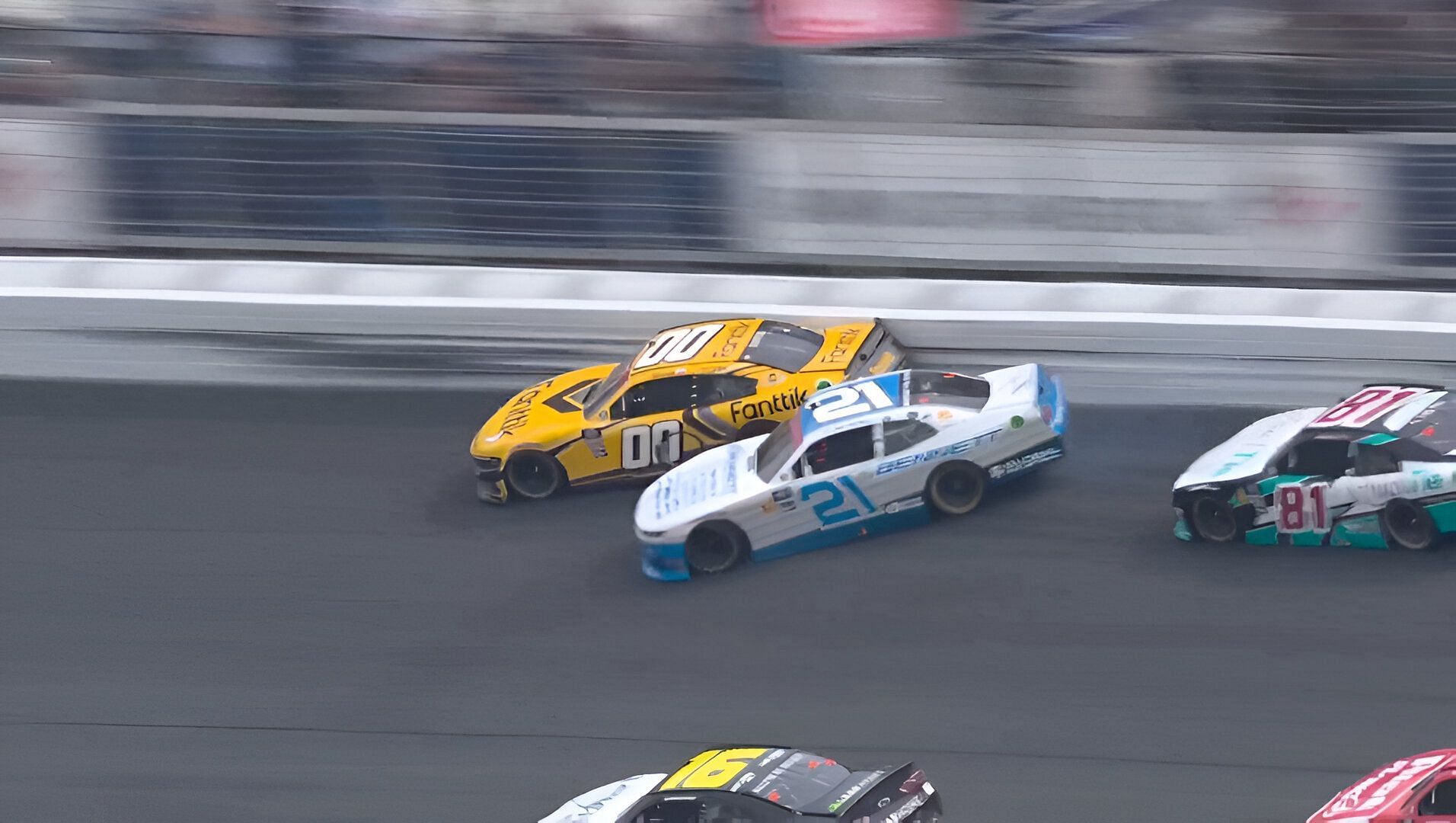 Cole Custer and Austin Hill tangles in the closing laps of the Xfinity Series in Charlotte