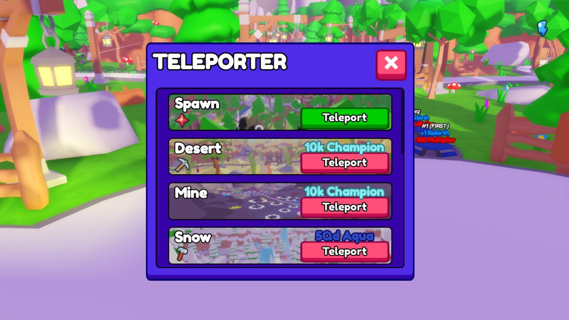 Teleport to different destinations in Button Simulator Mania (Image via Roblox)