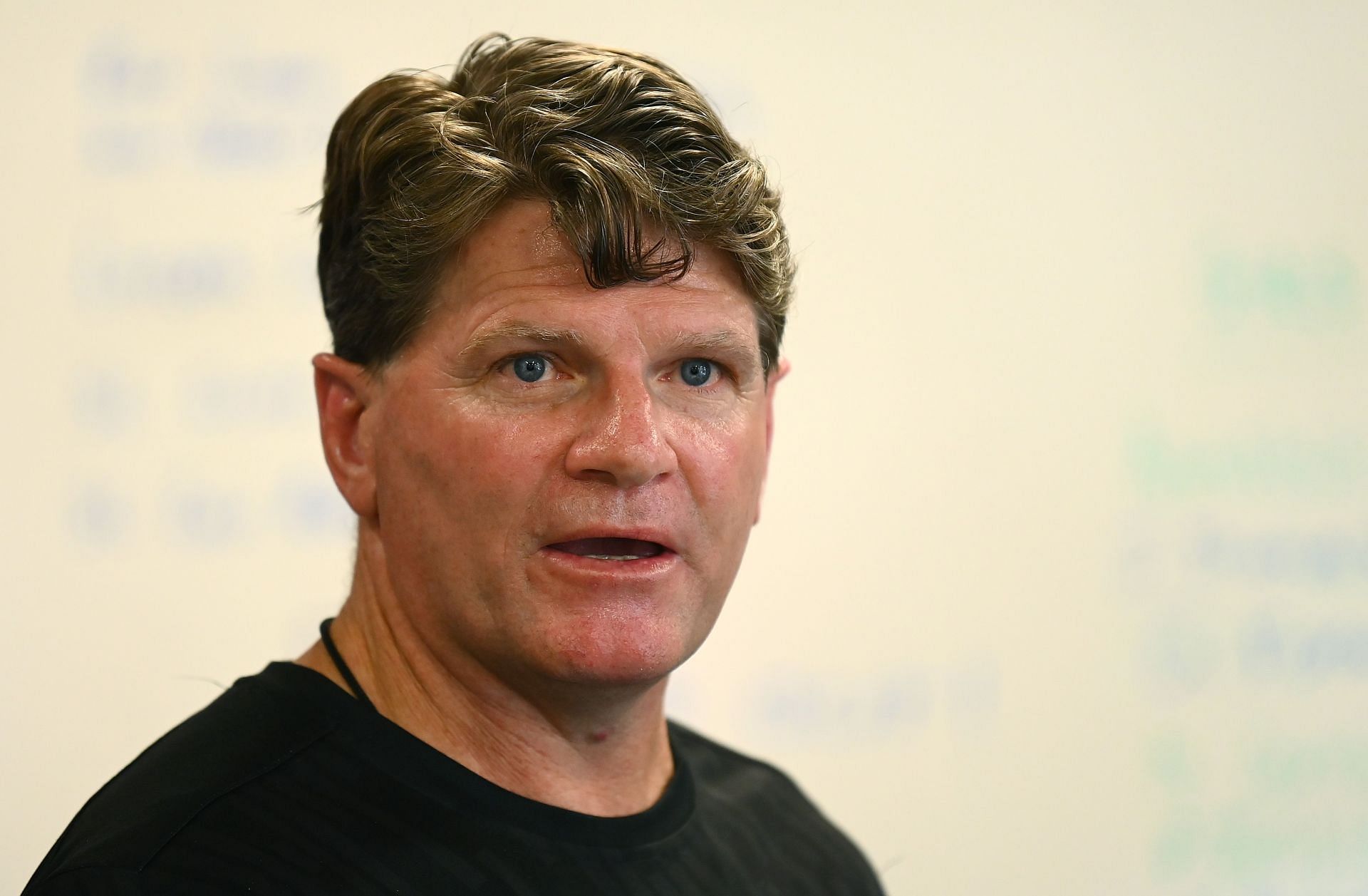 Robert Harvey the assistant coach of the Saints talks to the media during a St Kilda Saints AFL training session