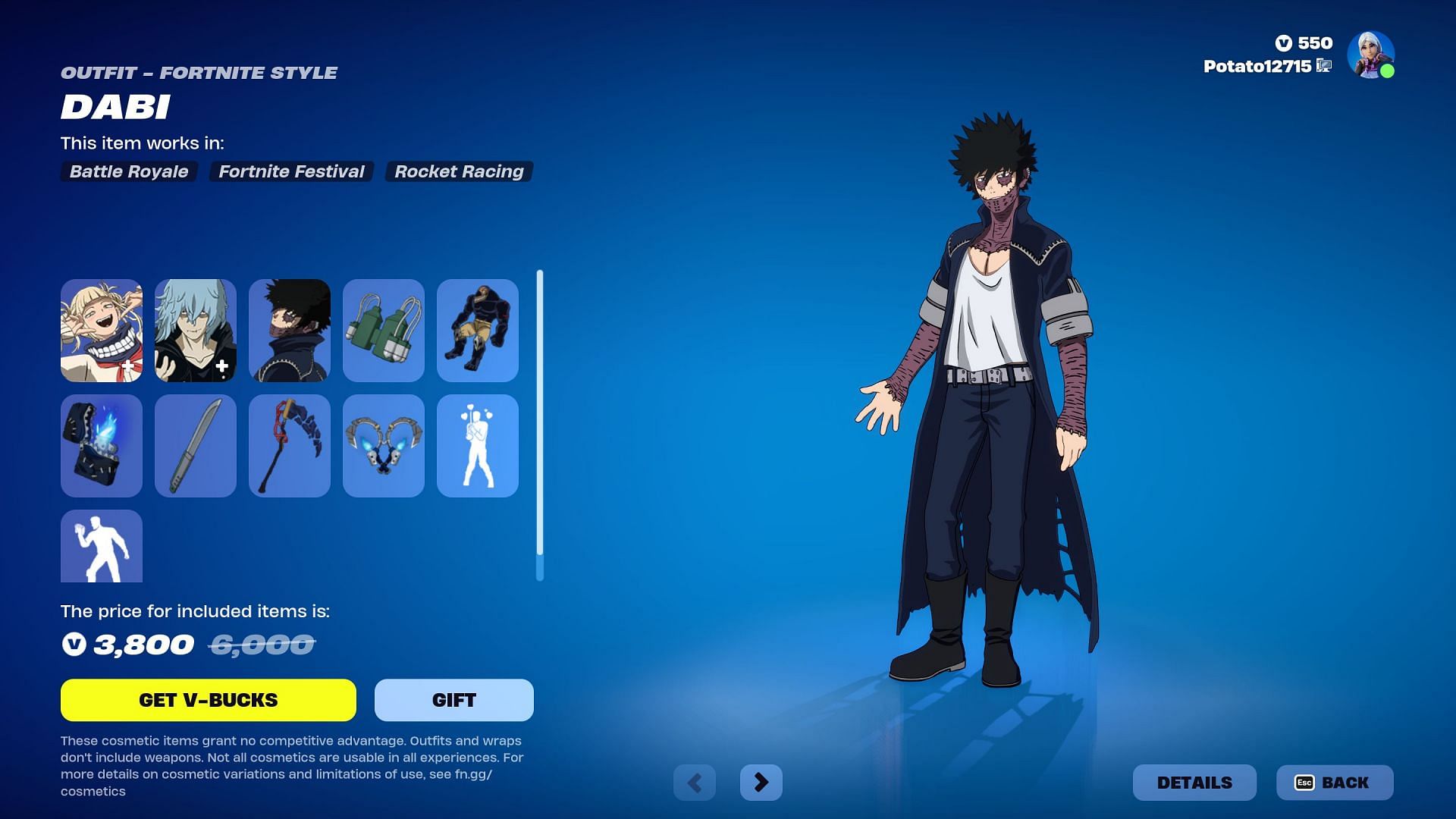 Himiko Toga, Tomura Shigaraki, and Dabi skins could be listed until Chapter 5 Season 2 ends (Image via Epic Games)