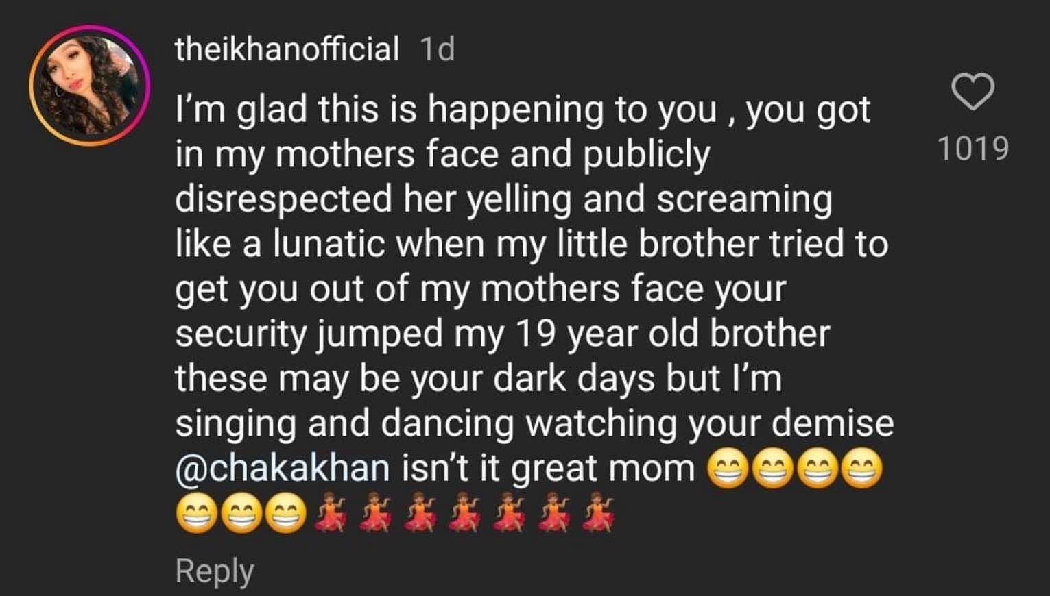 Indra Khan&#039;s comment under the rapper&#039;s apology video (Image via Instagram/ @theikhanoffical)