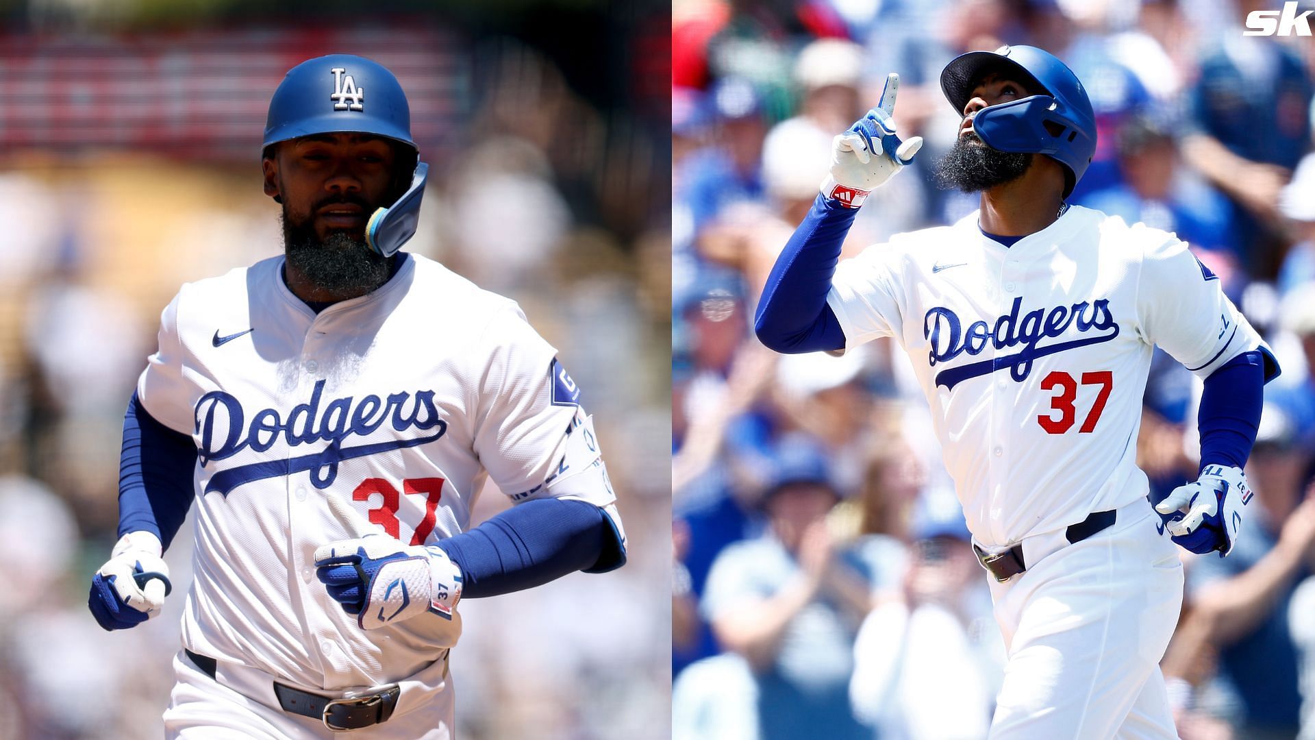 Teoscar Hern&aacute;ndez of the Los Angeles Dodgers celebrates a two-run home run against the Miami Marlins at Dodger Stadium