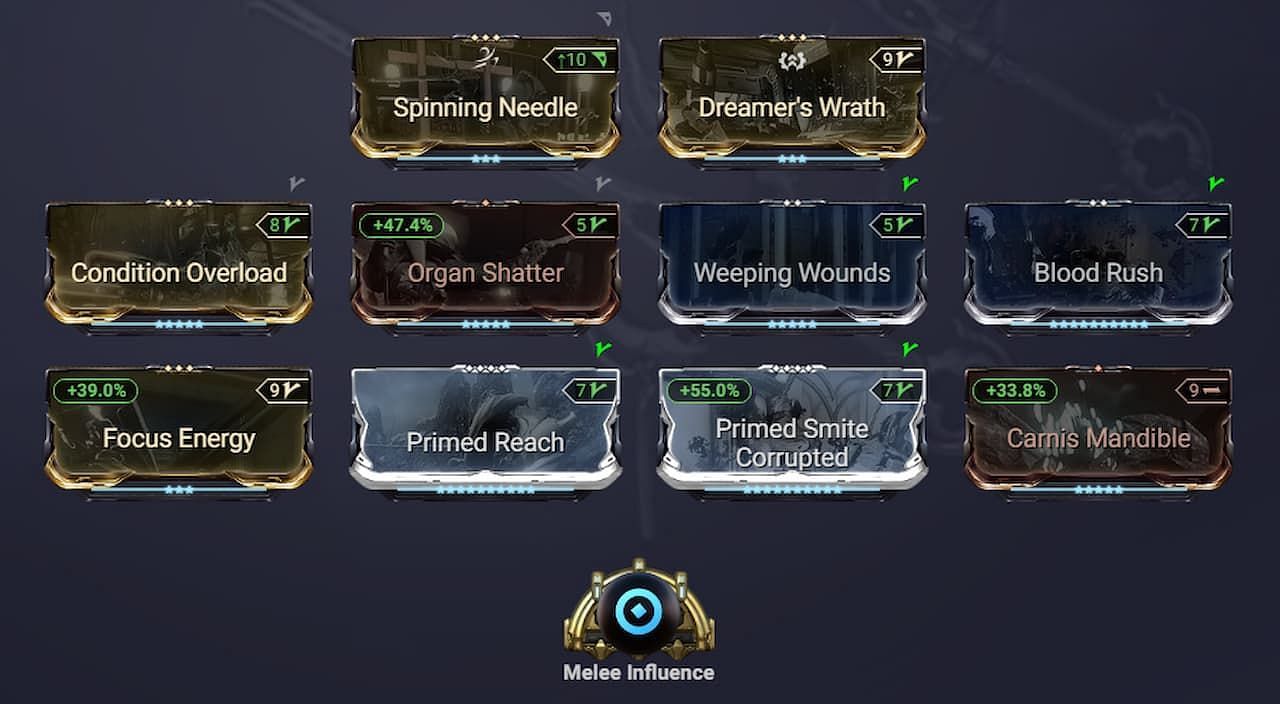 Okina Prime build with high range can make good use of Melee Infleuence (Image via Overframe)