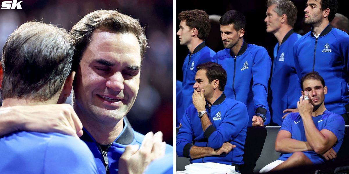 Roger Federer gets emotional along with his team including Rafael Nadal at the Laver Cup 2022