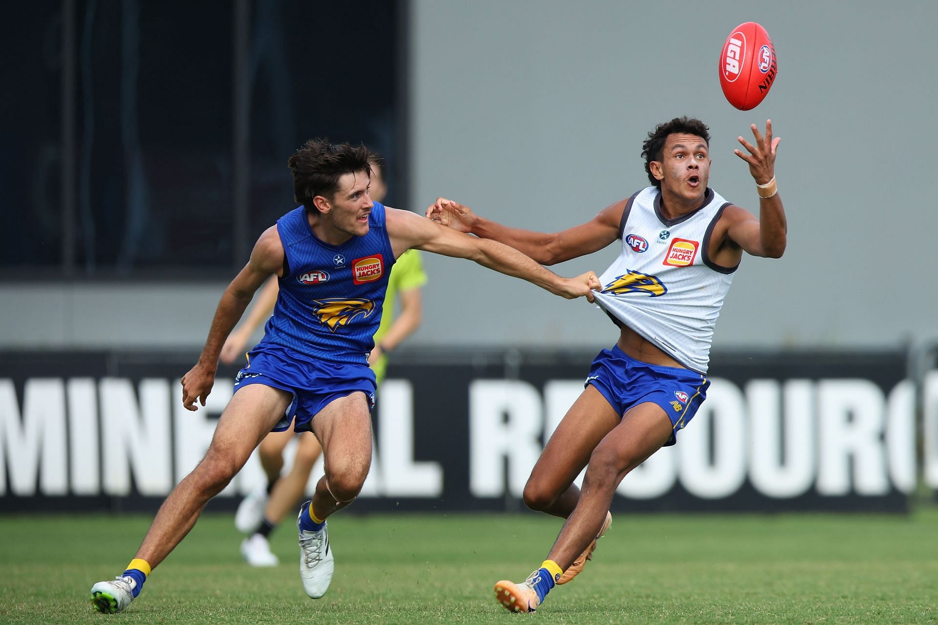 Tyrell Dewar of the Eagles reaches for the ball during West Coast Eagles Intra Club Match