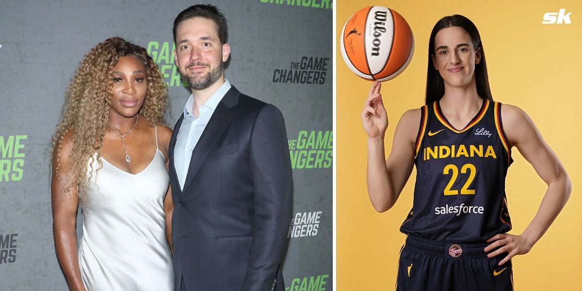 Serena Williams and Alexis Ohanian (L) and Caitlin Clark (R)