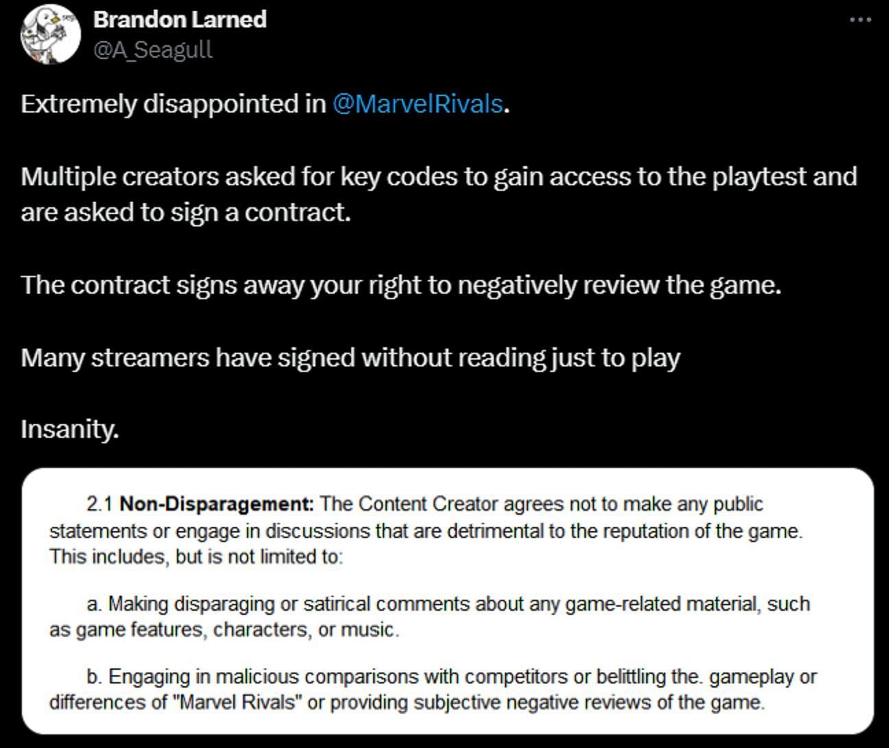 A_Seagull reveals playtest contract which prohibits criticism (Image via X)