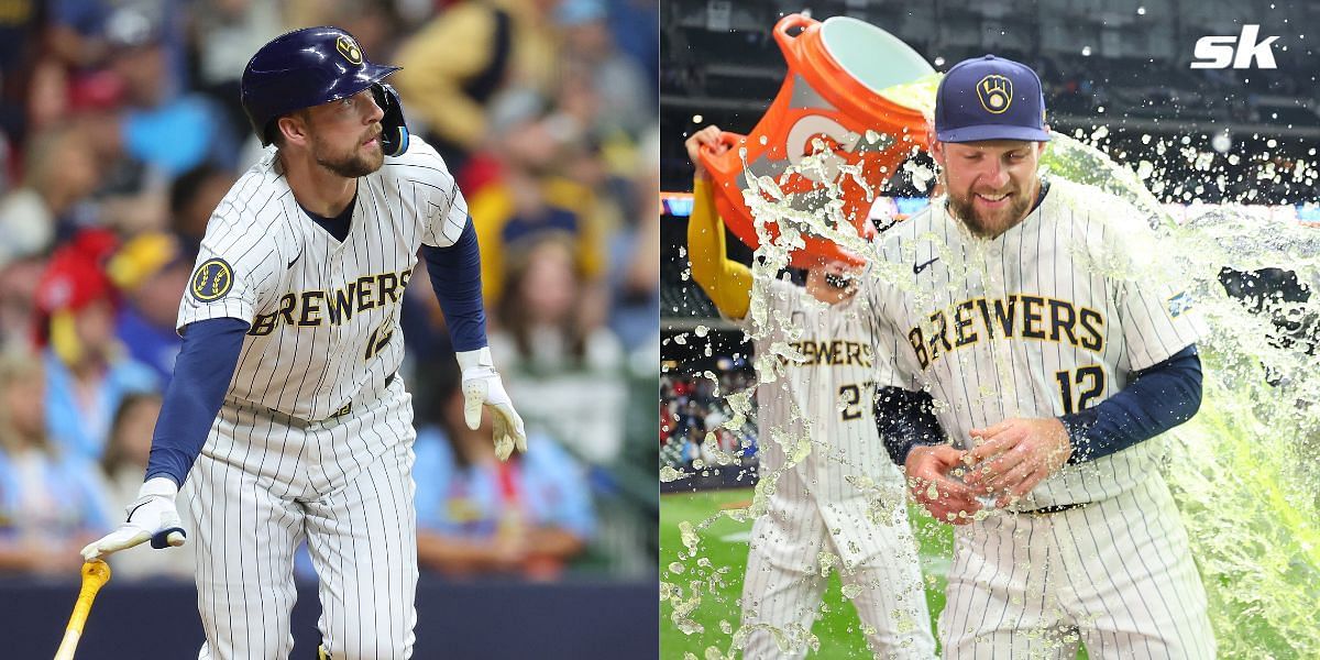 WATCH: Rhys Hoskins gets drenched in Gatorade by teammates after hitting clutch home run to help Brewers move past Cardinal