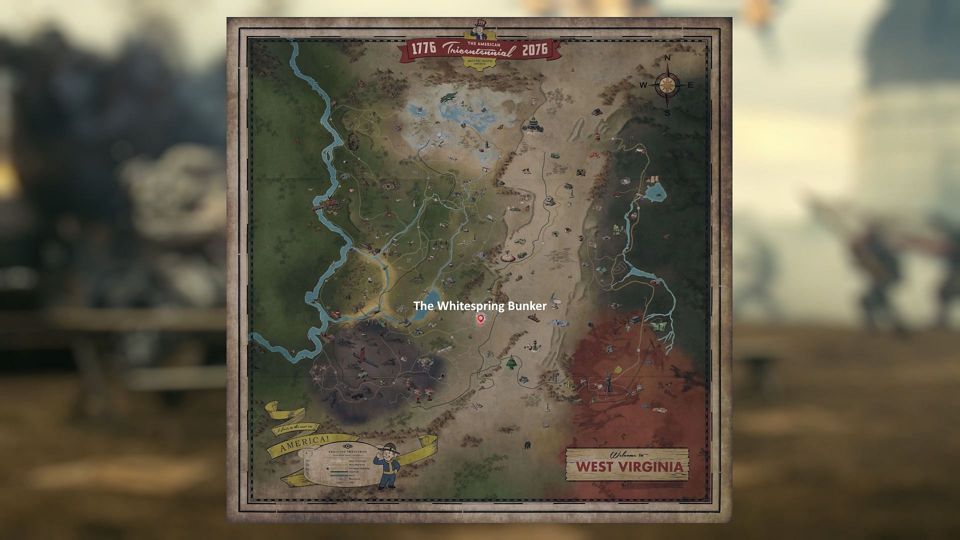 The Whitespring Bunker is located in the Savage Divide region of Appalachia (Image via Bethesda Game Studios)