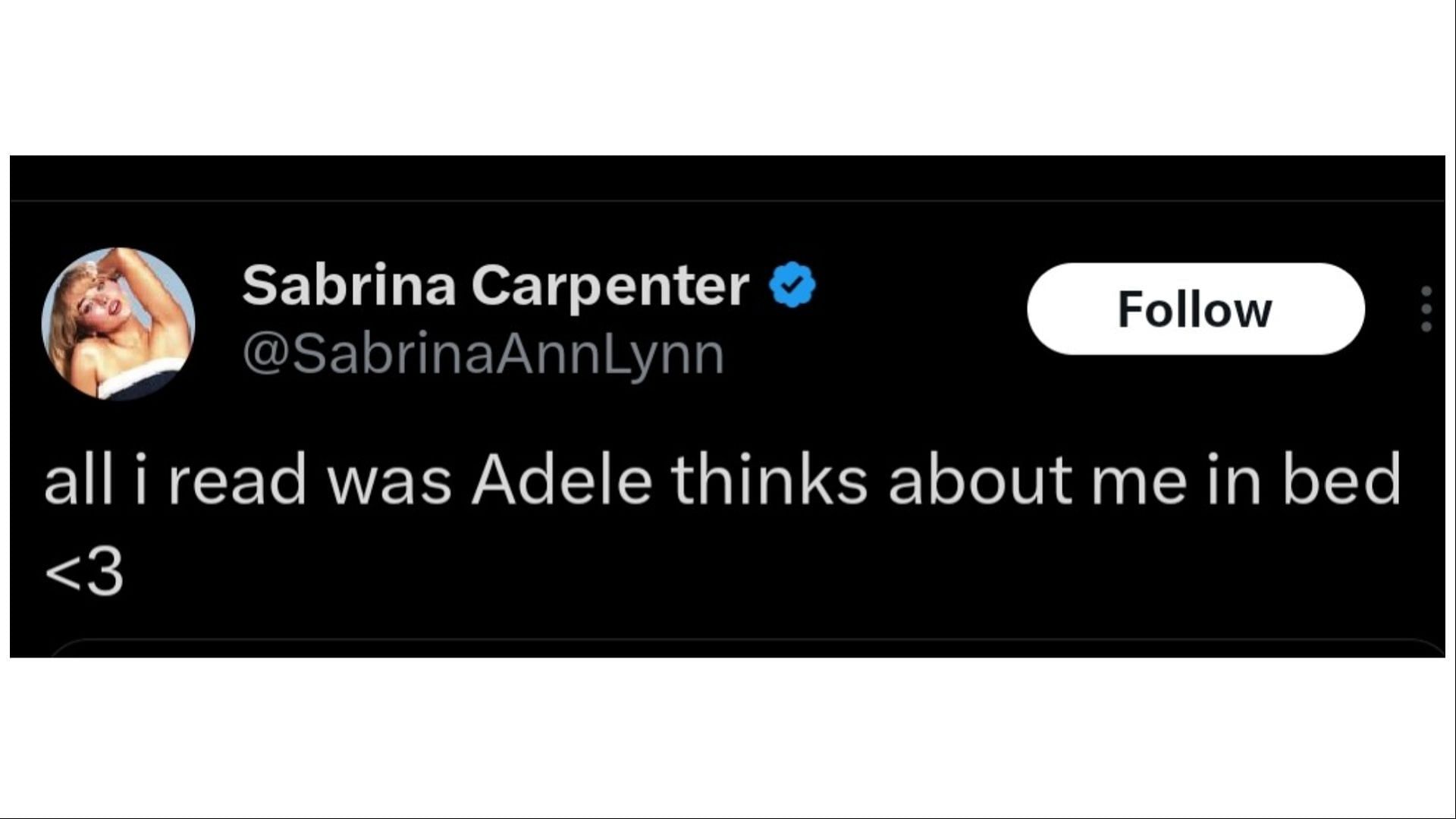 Sabrina&#039;s reaction to Adele praising her latest song (Image via X/@SabrinaAnnLynn)