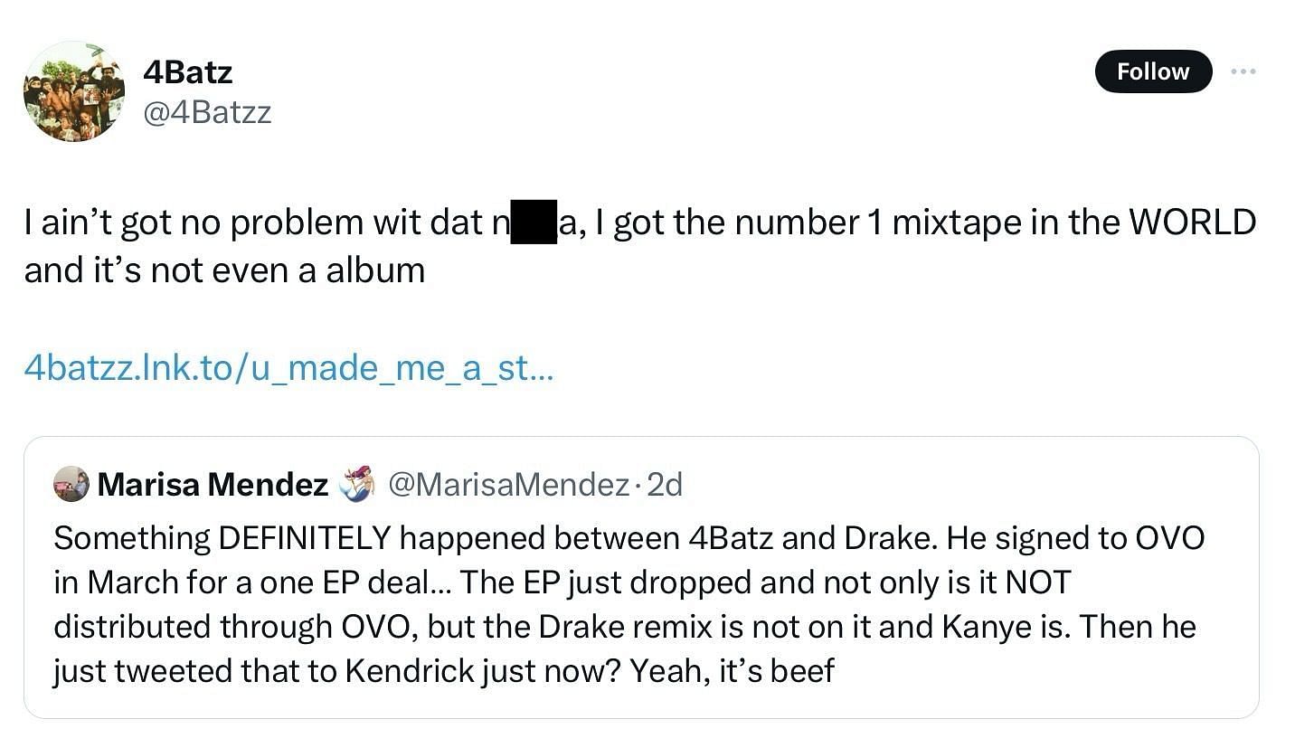 The singer&#039;s tweet about Drake (Image via @4Batzz/X)