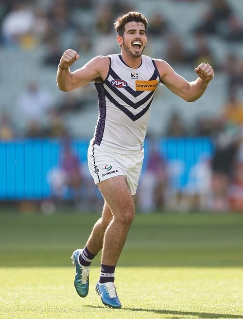 Andrew Brayshaw of the Dockers celebrates the win over Tigers.