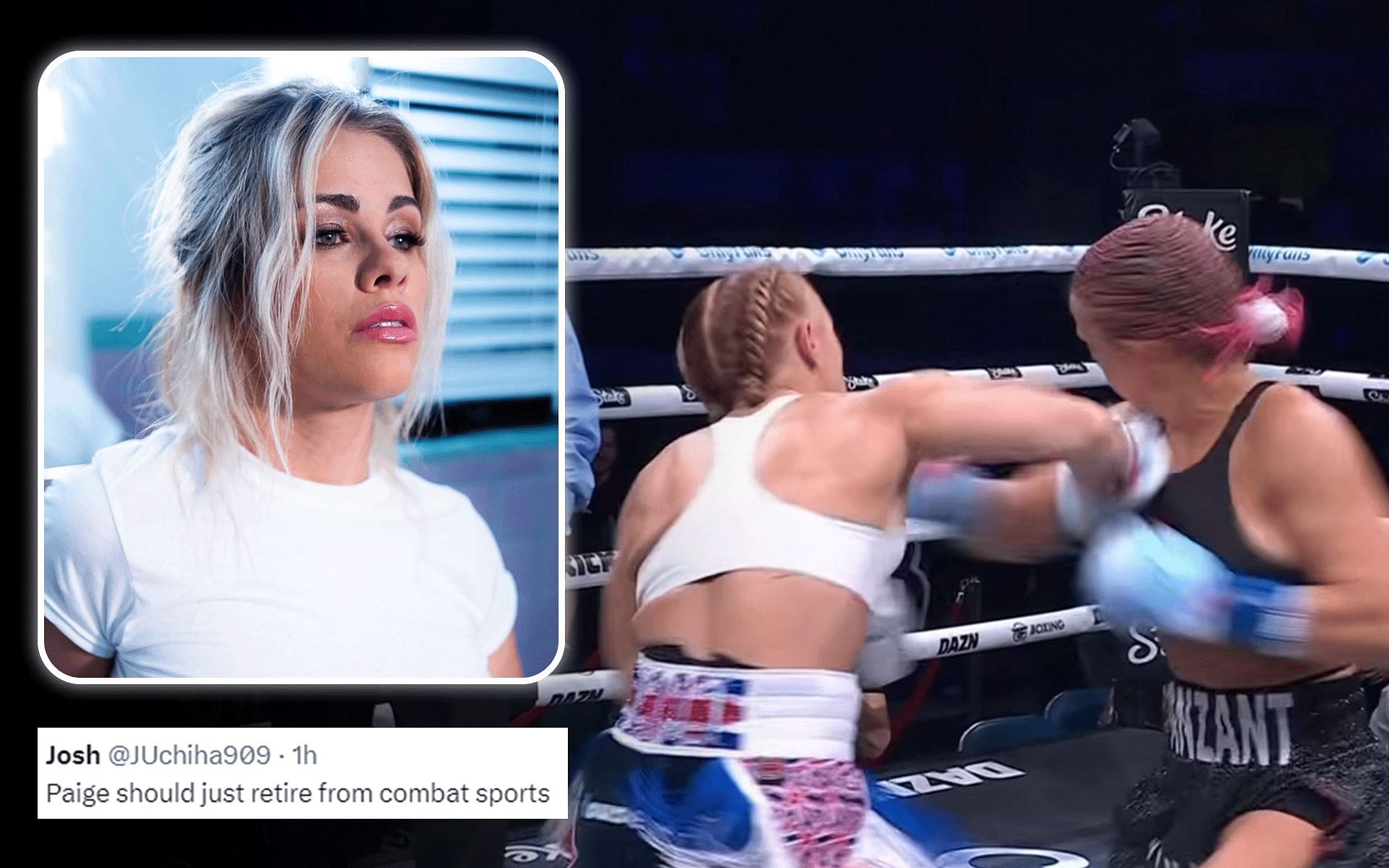 Fans react to Paige VanZant getting dropped in the first round against Elle Brooke. [Image courtesy:@mf_daznxseries &amp; @paigevanzant on Instagram]