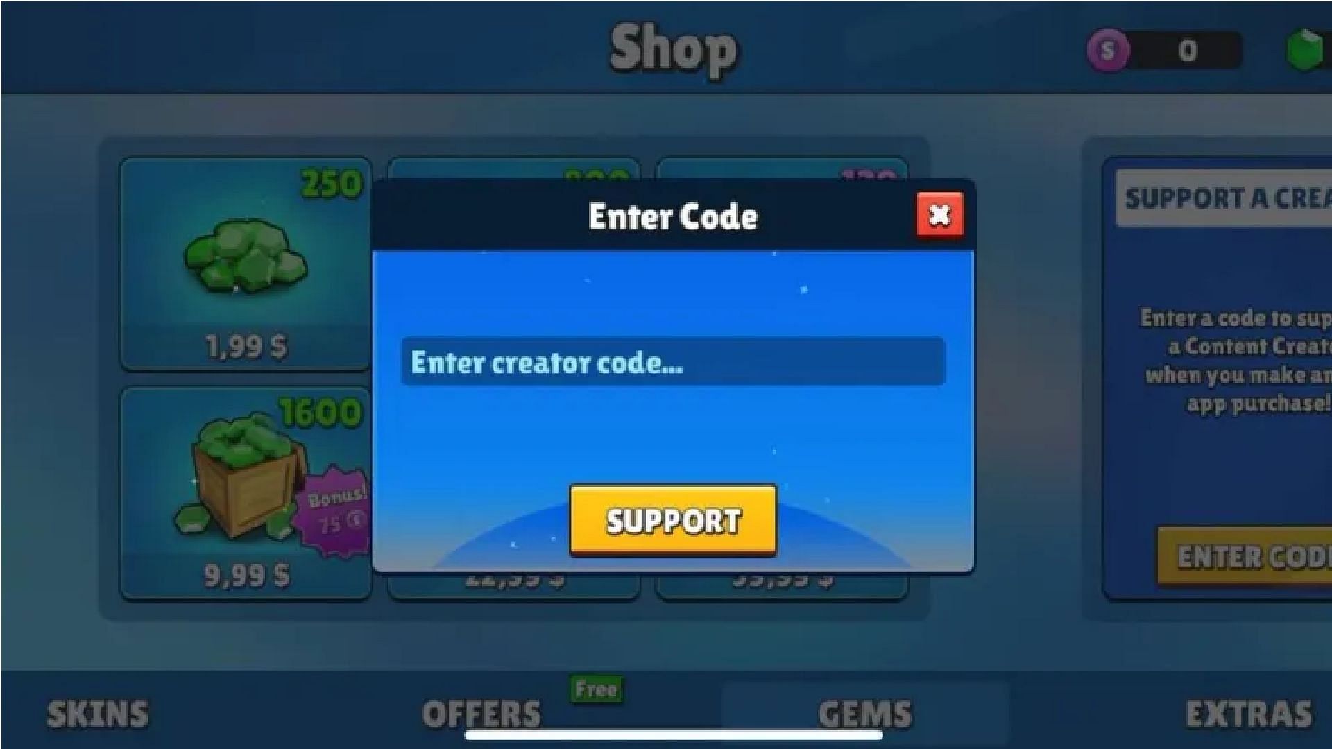 Enter the code here and click on Support (Image via Scopely)
