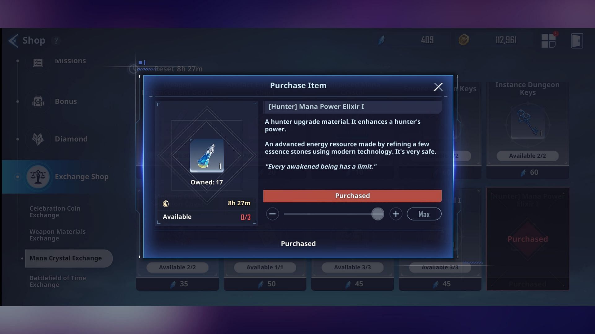 You can exchange Low-Tier Mana Crystal for Mana Power Elixir I. (Image via Netmarble)