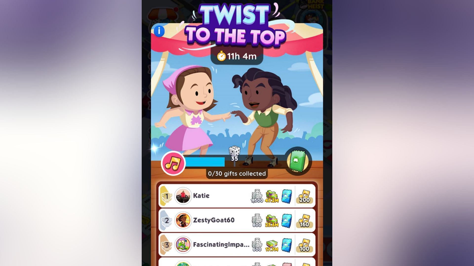 Monopoly Go Twist to the Top leaderboard rewards (Image via Scopely)