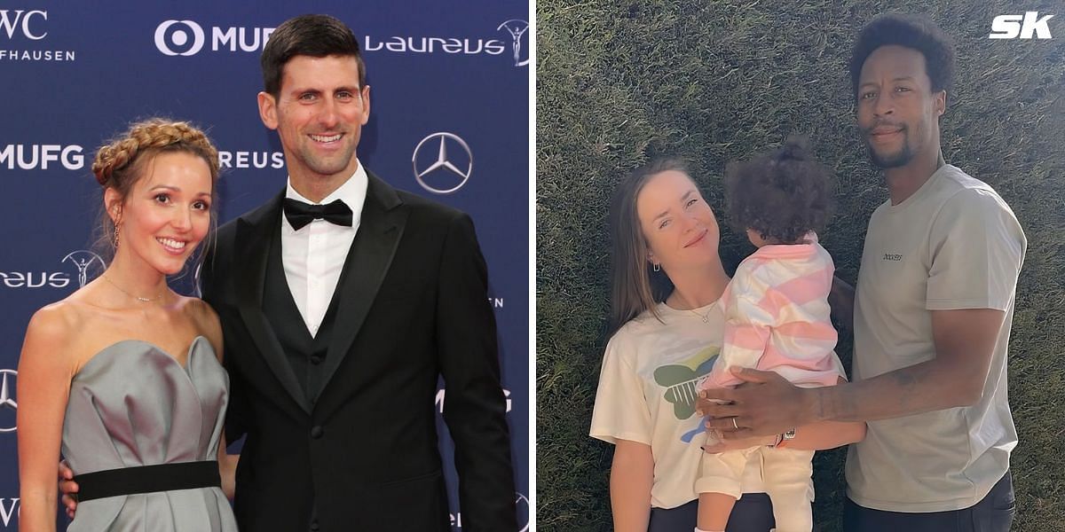 Novak Djokovic and wife Jelena (L), Gael Monfils, Elina Svitolina and daughter Skai (Source: Getty Images; Elina Svitolina