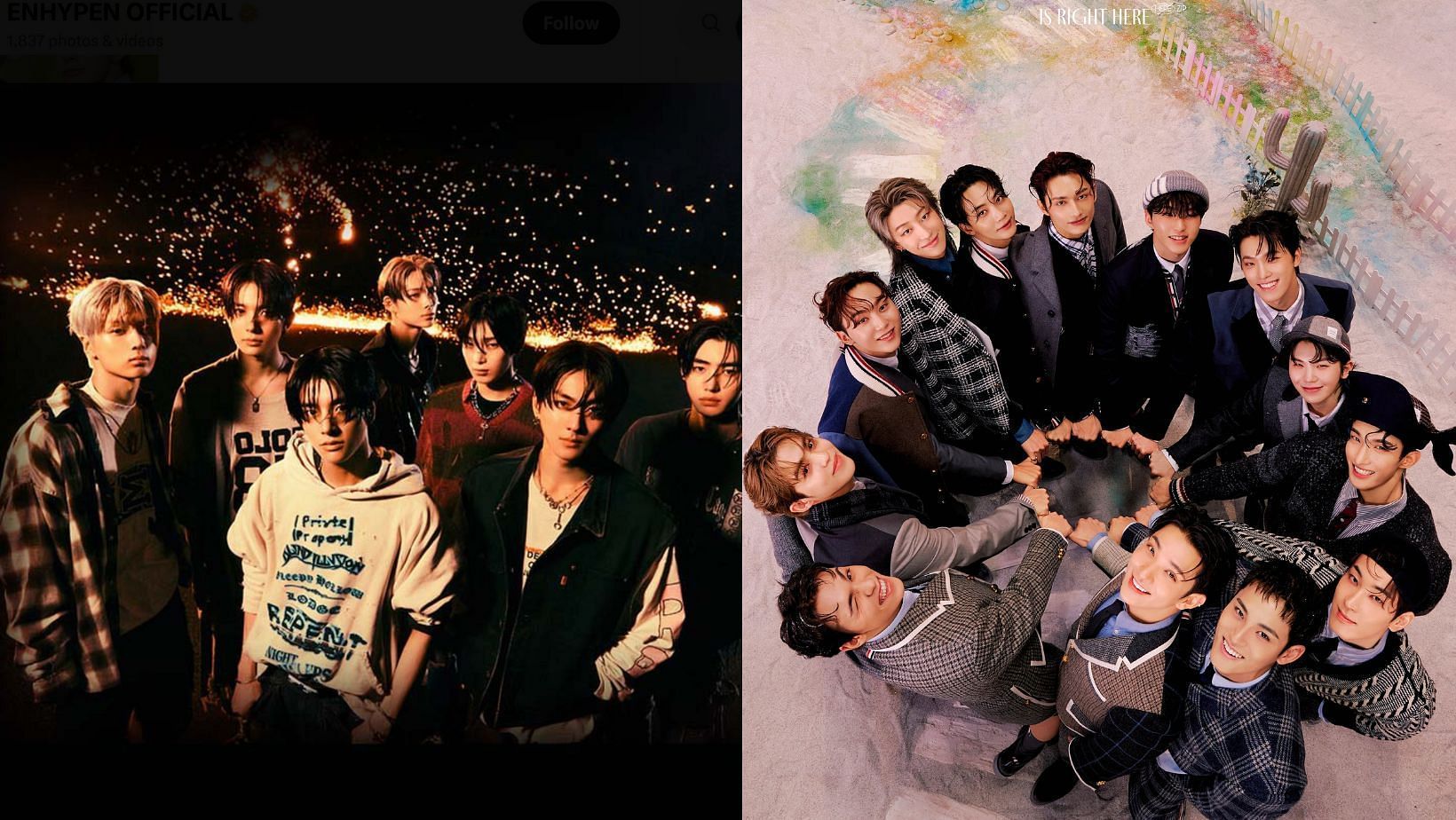 ENHYPEN and SEVENTEEN reportedly dropping their tour schedules in May 2024. (Images via X/@ENHYPEN and @pledis_17)