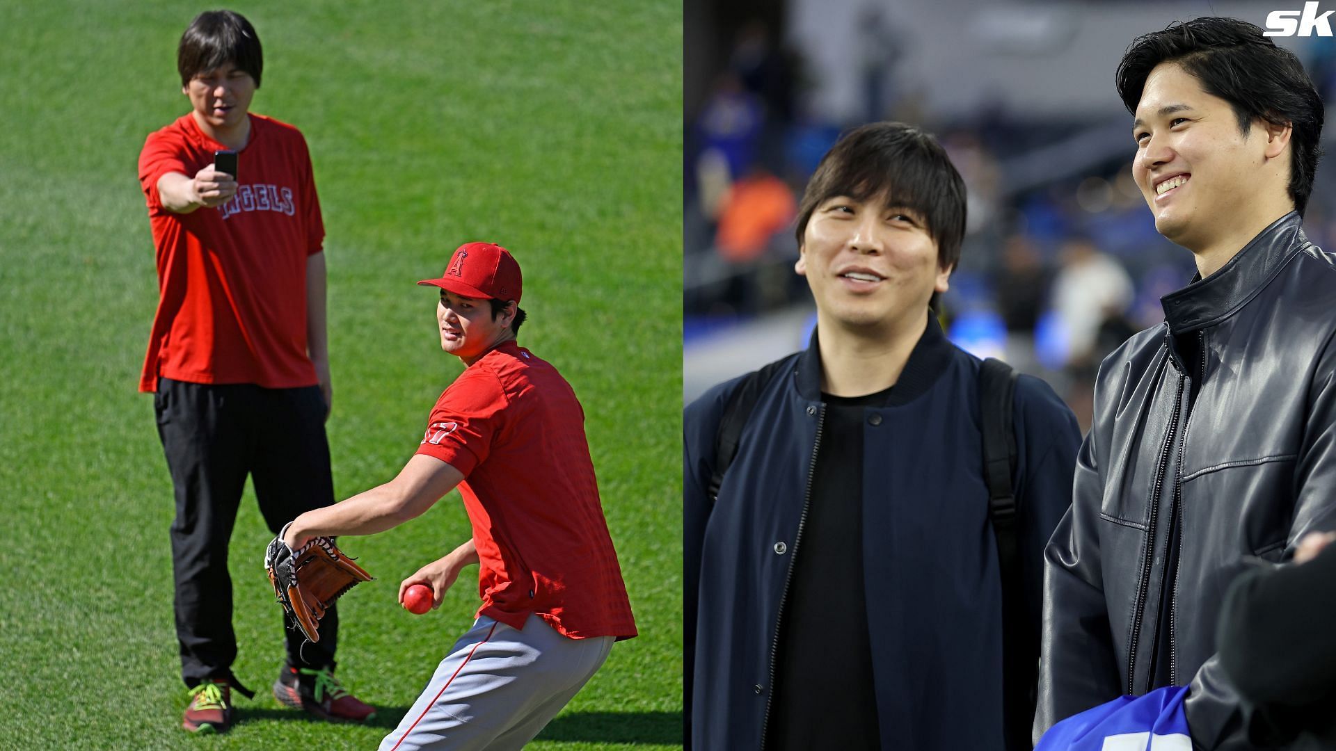 Shohei Ohtani of the Los Angeles Dodgers talks with his interpreter Ippei Mizuhara prior to the game between the New Orleans Saints and the Los Angeles Rams at SoFi Stadium