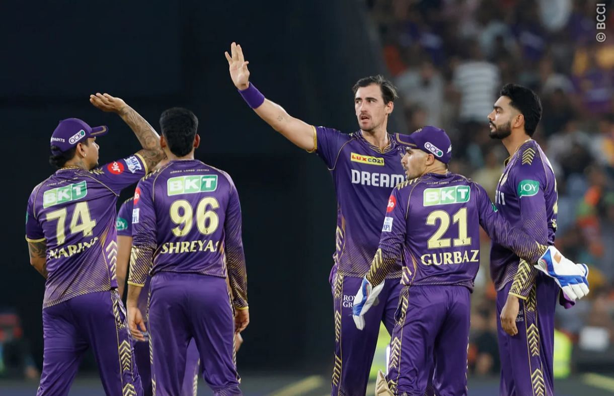 KKR players celebrating in the first innings vs SRH [Image credit: IPLT20/BCCI]