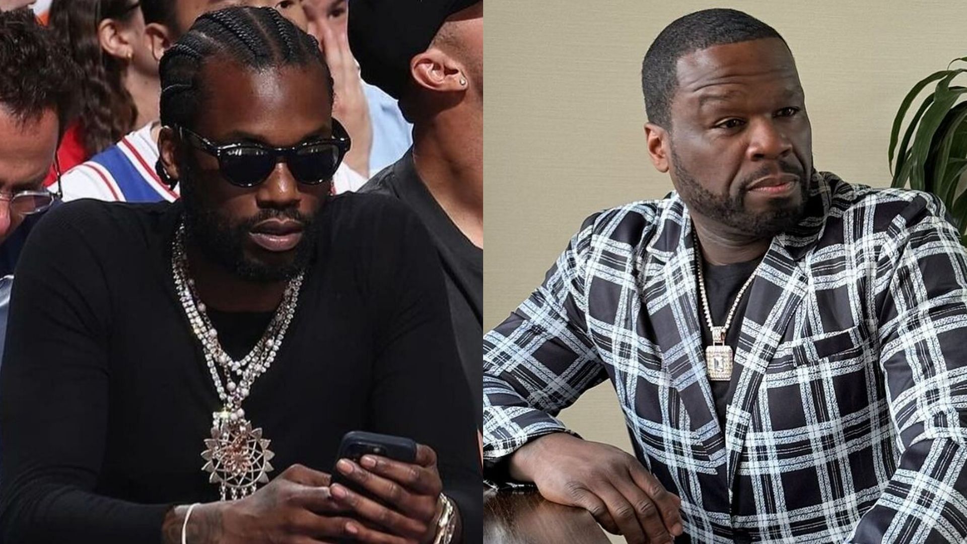 Meek Mill fires back at 50 cent over album sales, Diddy video, and more on X. (Image via Instagram/@meekmill, @50cent)