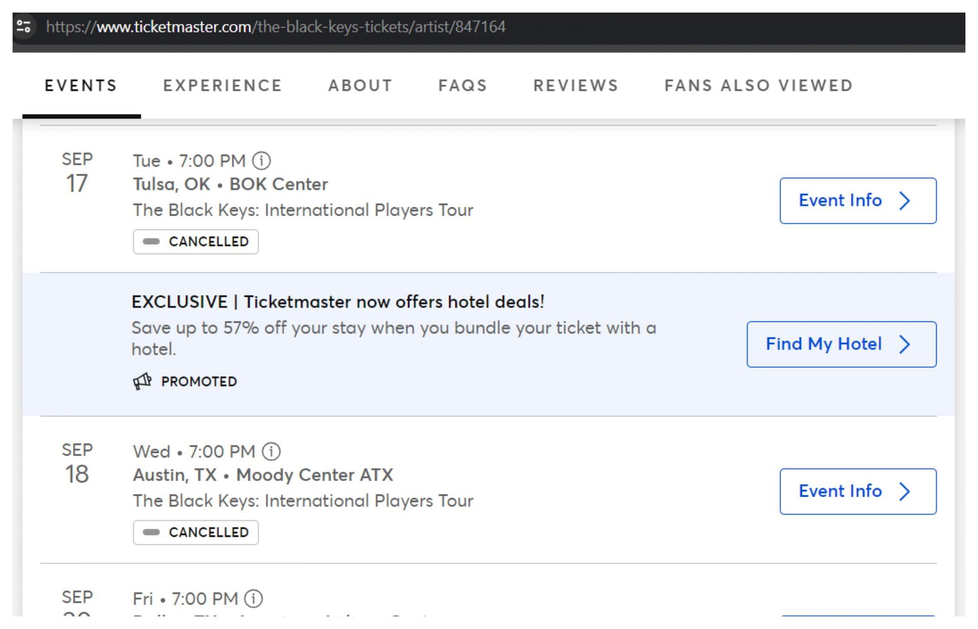 Ticketmaster page screenshot showing the cancelled The Black Keys tour dates (image via official website @Ticketmaster.com)