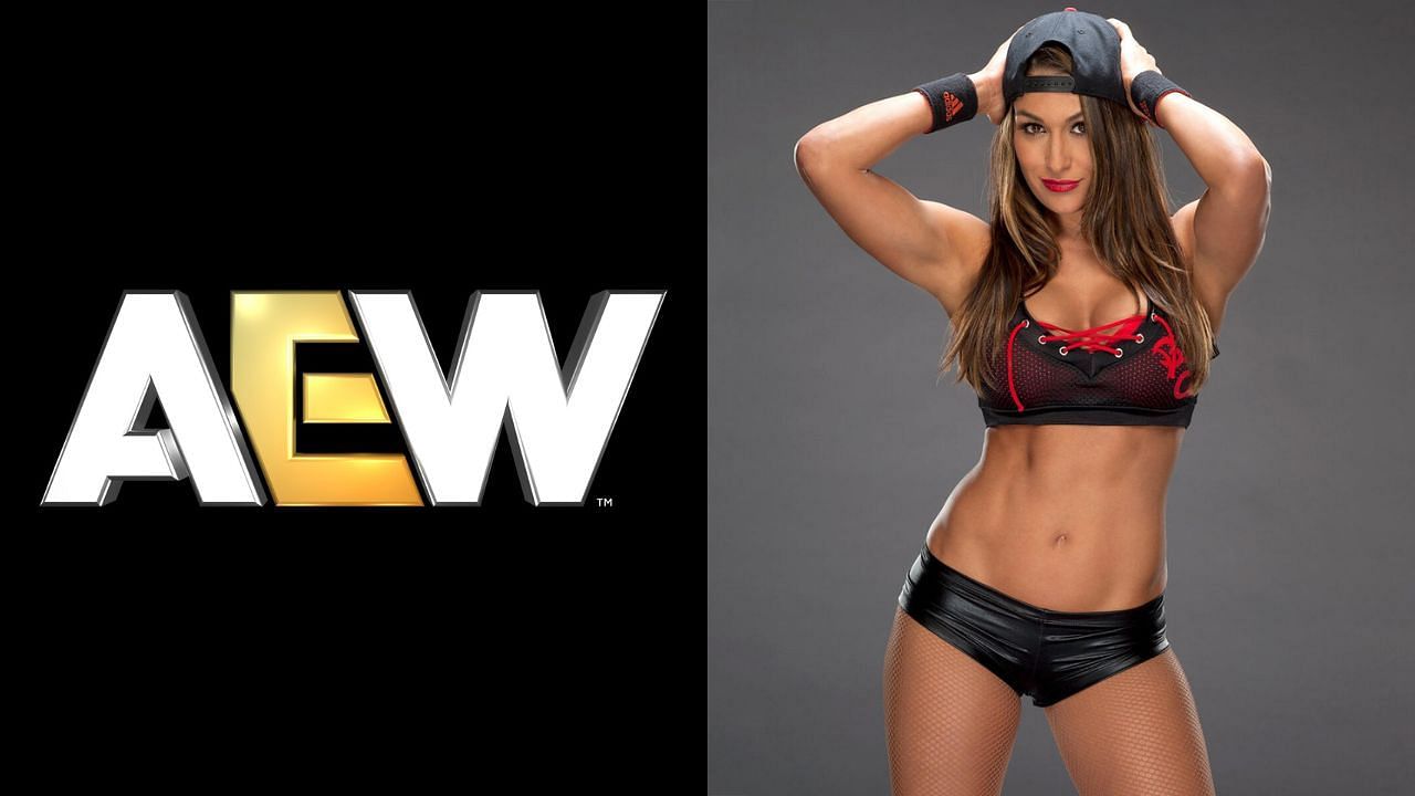 AEW logo (left) and Nikki Bella (right)