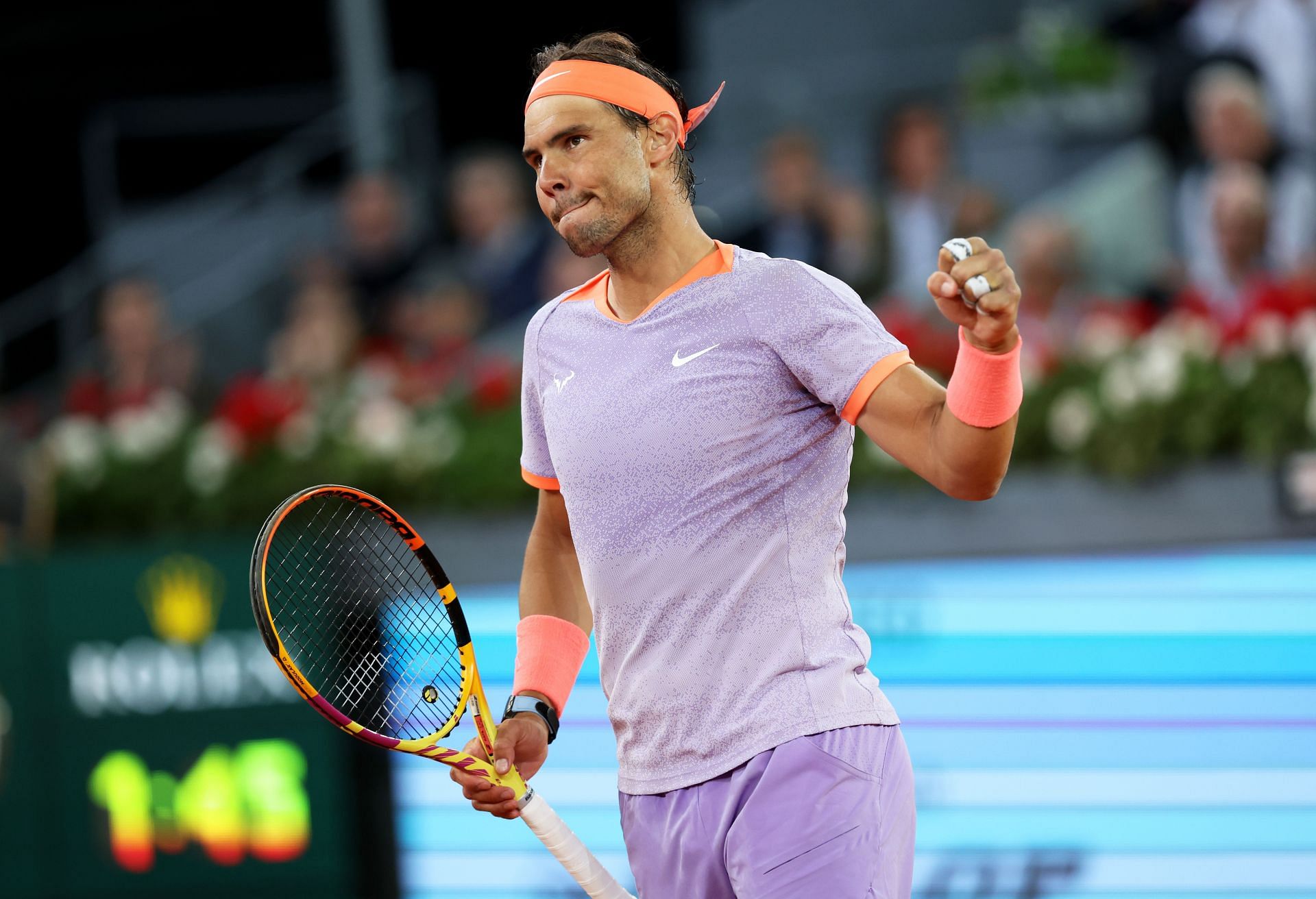 Rafael Nadal pumps his fist during Madrid Open 4R match