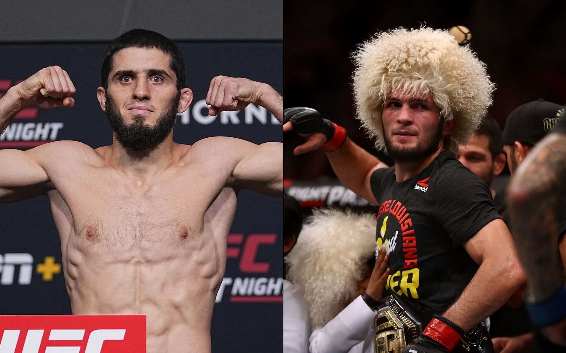 Islam Makhachev (left) speaks about Khabib Nurmagomedov (right) [Images via Getty]