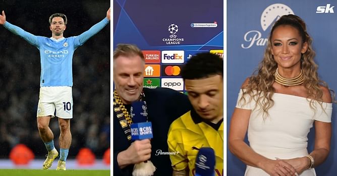 Jack Grealish responds as Kate Abdo hilariously calls out drunk Jamie Carragher for touching Jadon Sancho too many times