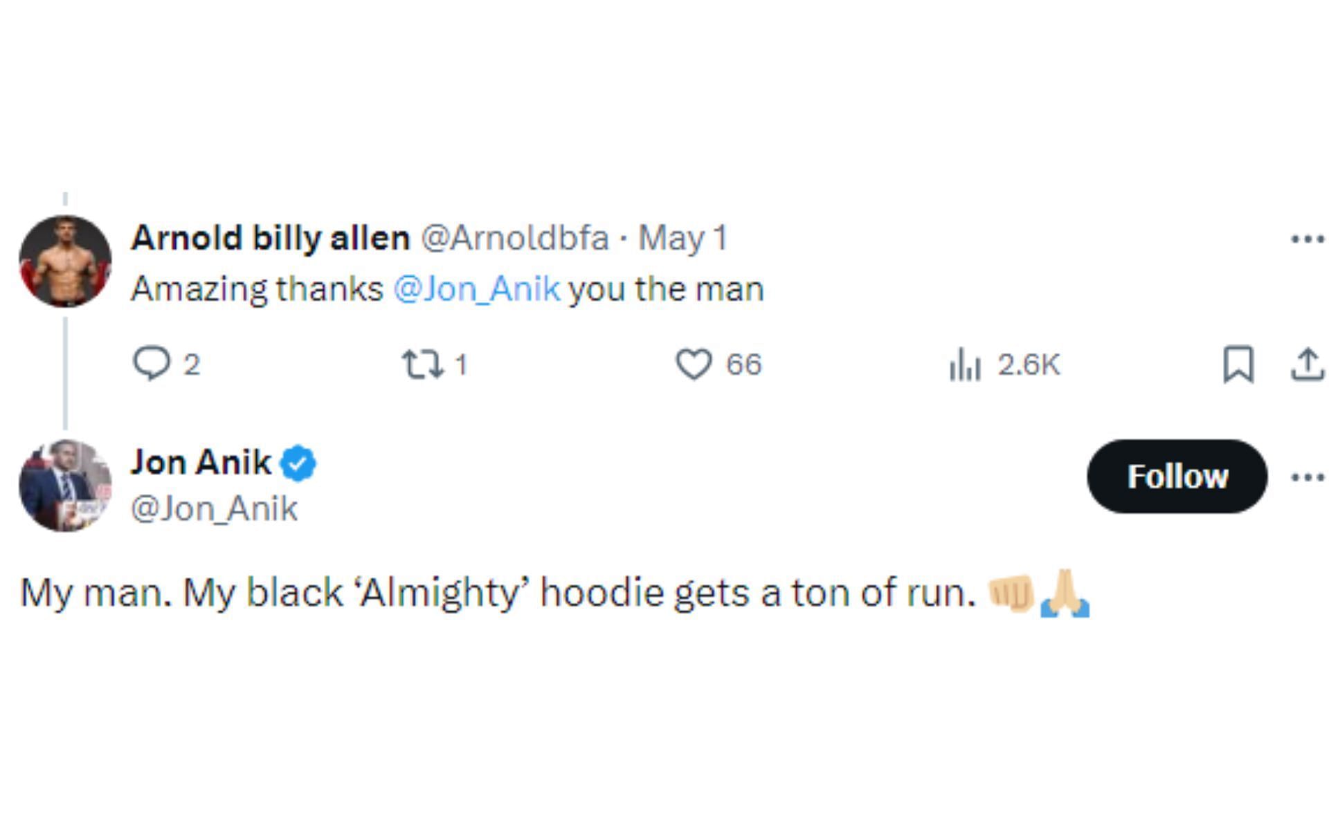 Tweets regarding Allen and Anik&#039;s interaction on X [Image courtesy: @Arnoldbfa and @Jon_Anik - X]